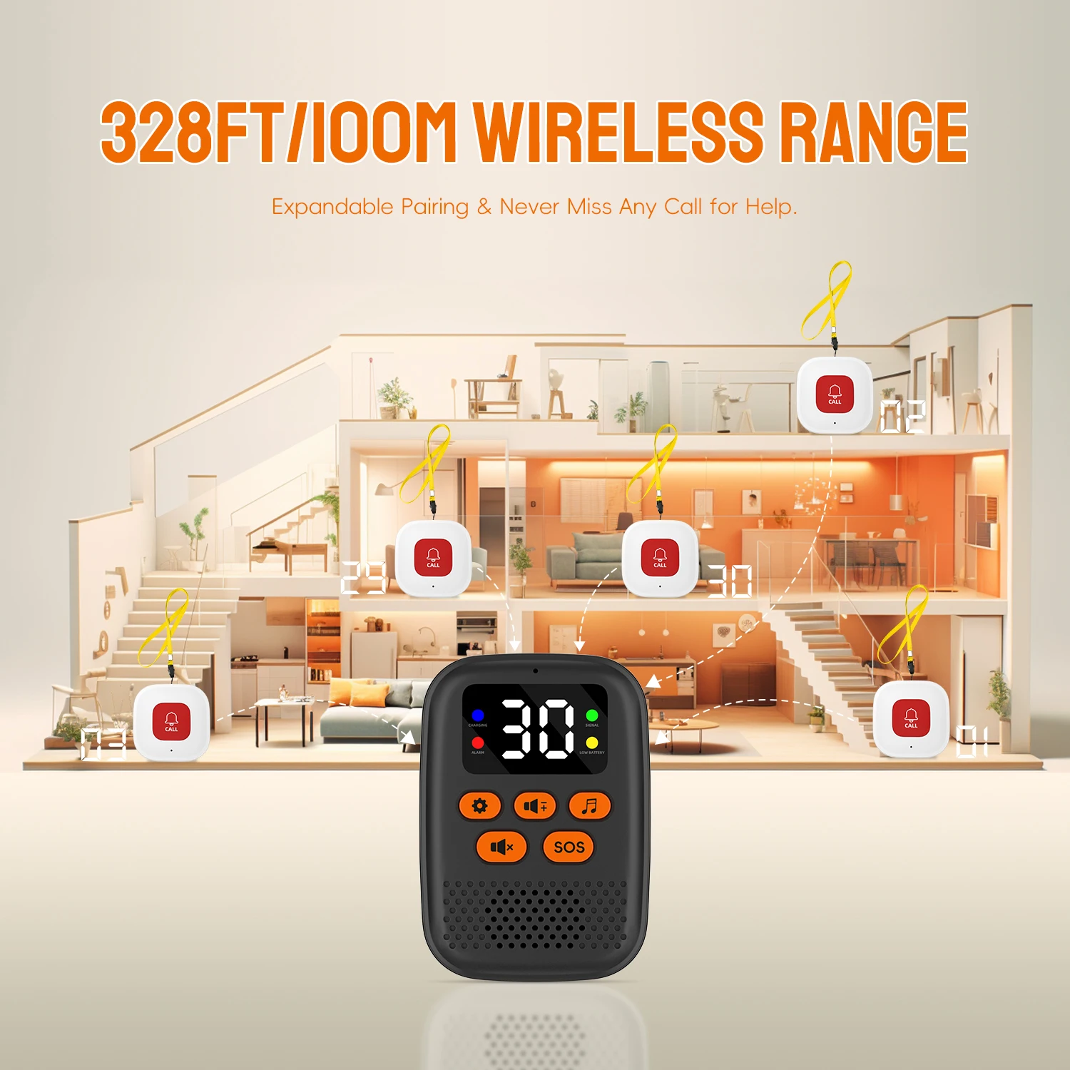 SOS Caregiver Pager Wireless Medical Call Button Surveillance Elderly SOS Alarms Vibration Pager Digital Display Call Bell
