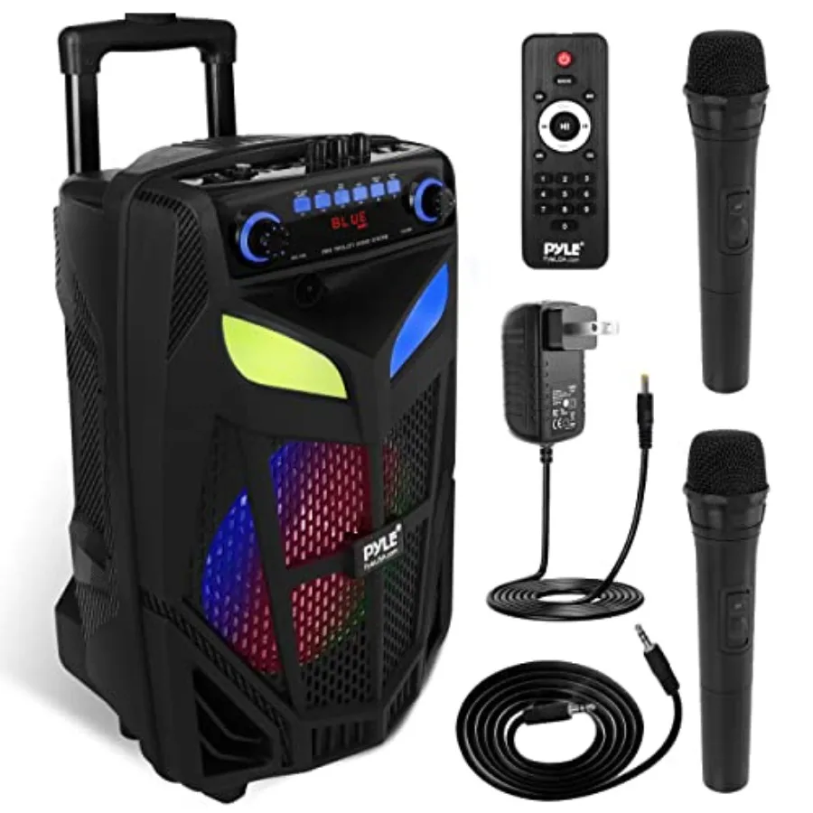 Portable Bluetooth PA - 600W 10" Outdoor BT - Includes 2 Wireless Microphones, Party Lights, USB SD Card Reader, FM Radio, Roll