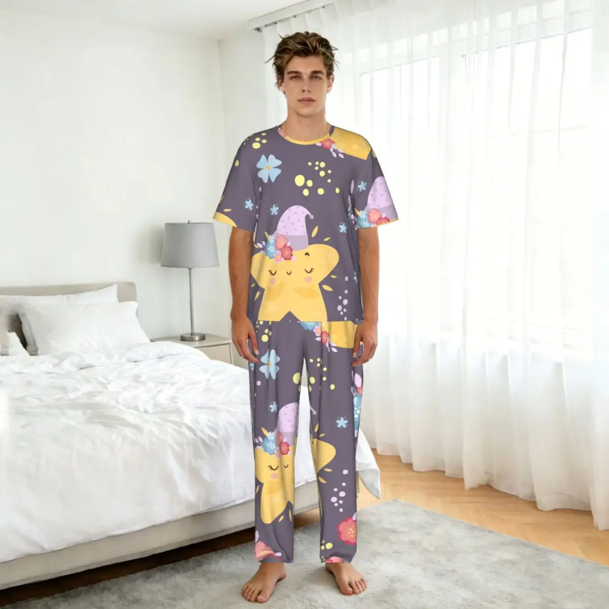 Men Pajamas Set Cute Moon Stars Short Sleeve Spring Summer Lounge Sleepwear Male Nightwear view 5