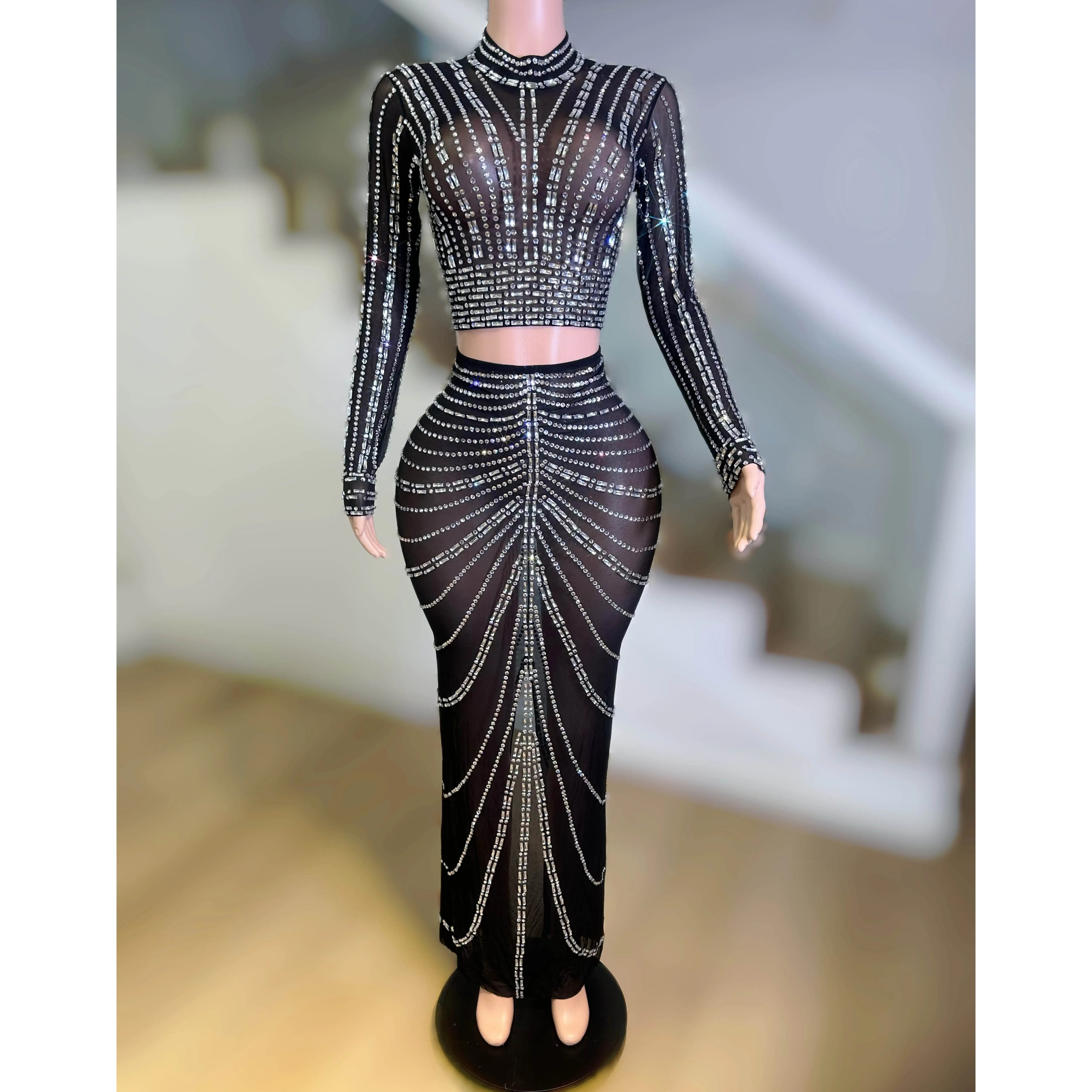 Newest Sparkly Rhinestones Long Dress Women Sexy Mesh See Through 2PCS Sets Nightclub Outfit Birthday Celebrate Elegant Gowns