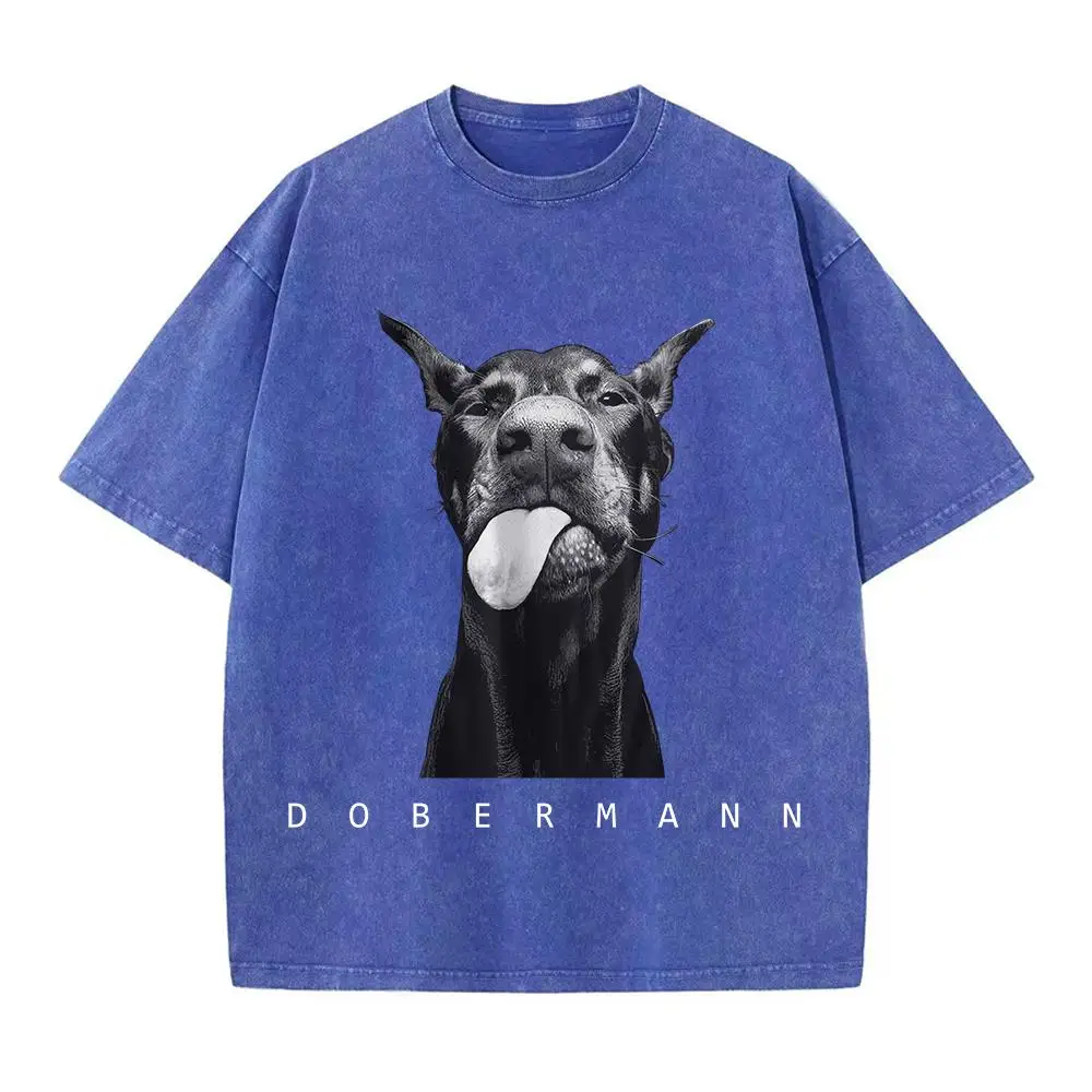 เสื้อยืดผ้าฝ้ายฟอกสำหรับผู้ชาย พิมพ์ลายโดเบอร์แมนที่ทันสมัยและสร้างสรรค์ แขนสั้น คอกลม ทรงหลวม สไตล์สตรีทแวร์แบบดูเก่า