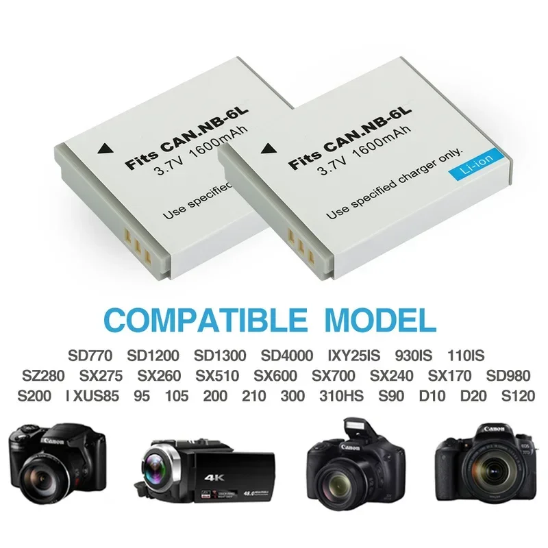 Rechargeable 1600mAh NB 6L NB-6L Battery for Canon Power-shot IXUS 310 SX240 SX275 SX280 SX510 SX500 HS 95 D10 D20 D30 Camera