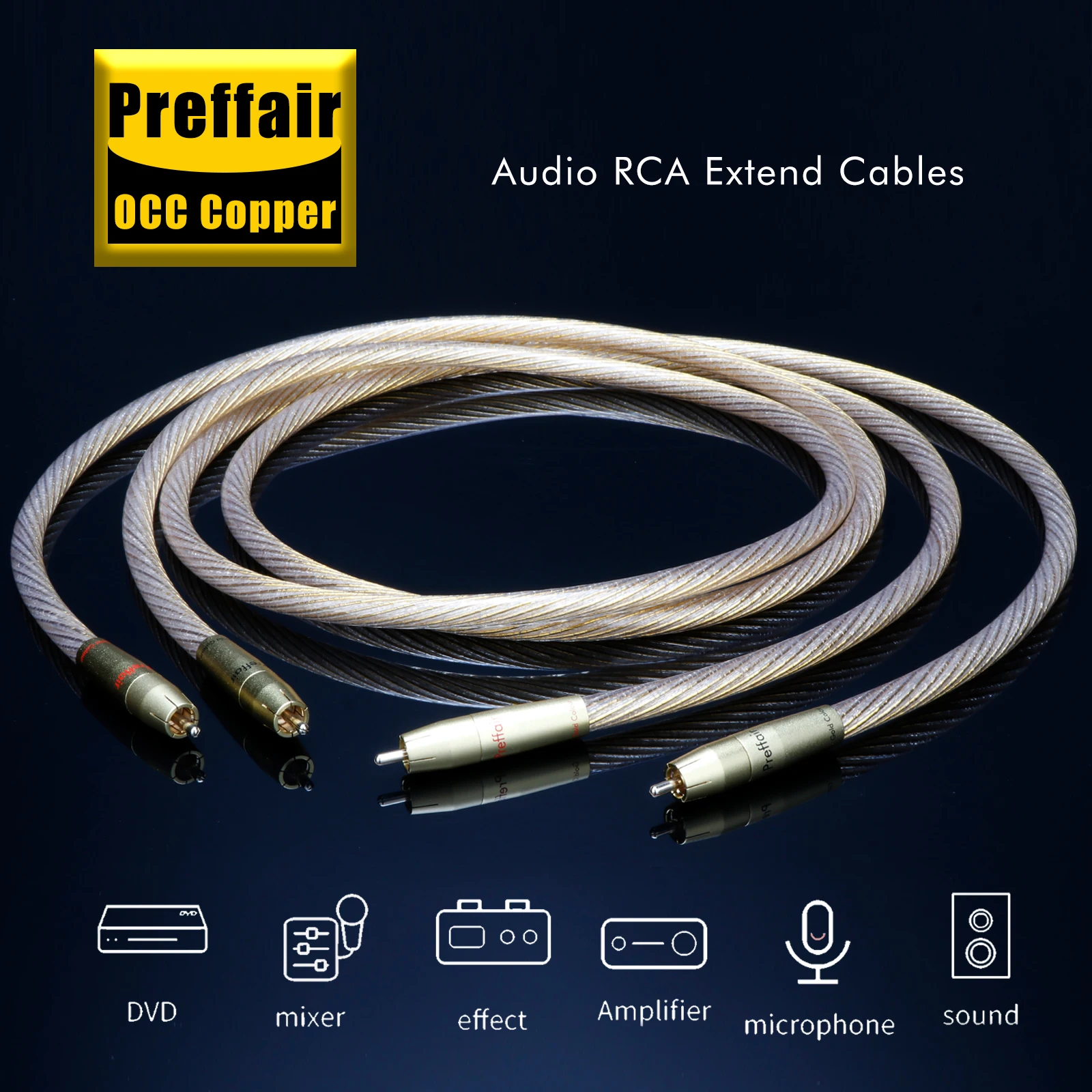 1 пара Hi-Fi золотых аудиокабелей Preffair X417 с позолоченным разъемом RCA для усилителя/CD/DVD/микшера