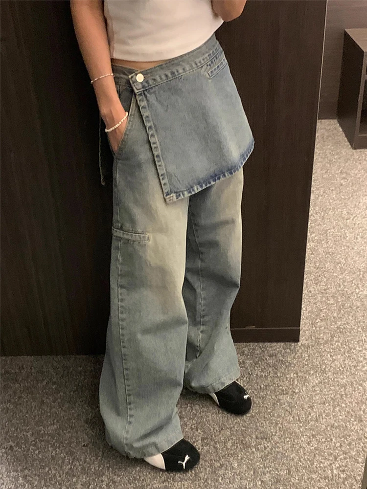 

Versatile Retro Spring Wide Leg Denim Pants Women's Removable Two-Piece Set Pocket Design Chic Match All Jeans Blue Polyester