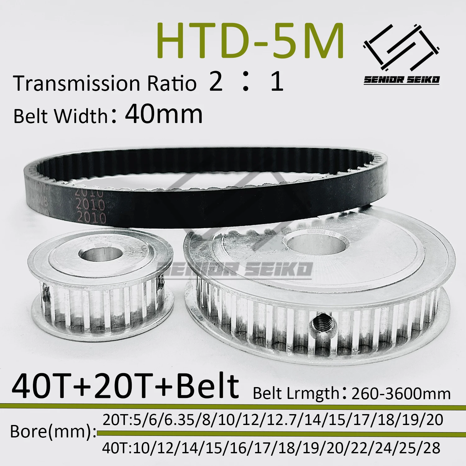 HTD5M Kit 40Teeth 20T Timing Pulley Belt Set Belt Width 40mm Bore 5~28mm Reduction 2:1 Deceleration Pulley Kit Synchronous Wheel