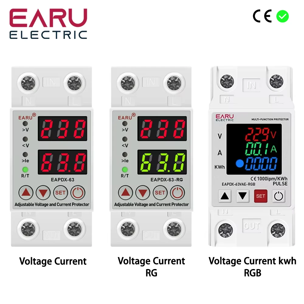 40A 63A 230V Din Rail Adjustable Over Voltage/Under Voltage Protective kWh Energy Meter Relay Over Current Protection Limit