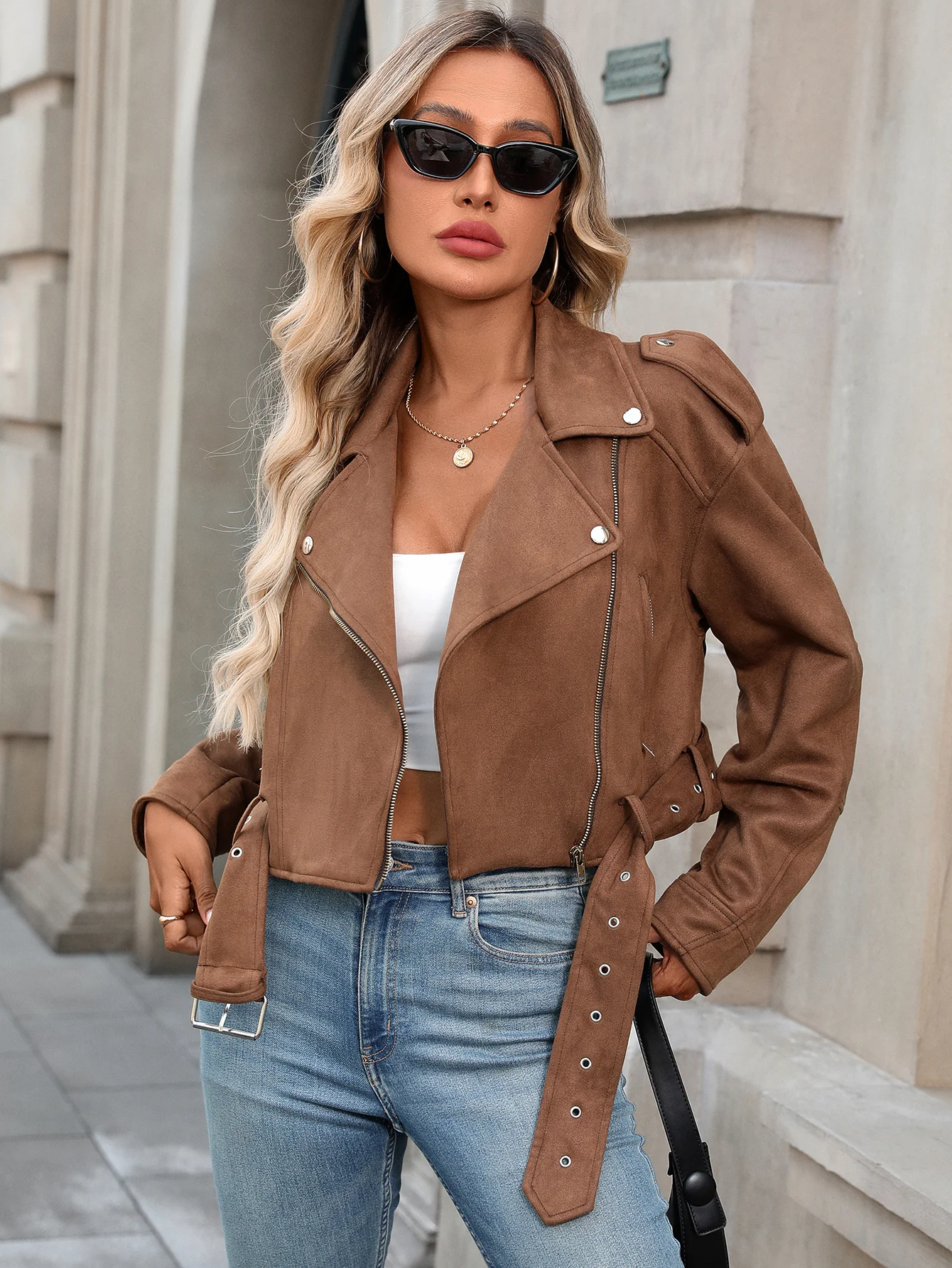 

Женская куртка из искусственной замши, веганское мотоциклетное укороченное пальто с поясом