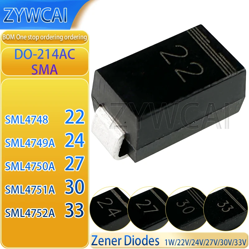 Zener Diodes 20PCS SML4748 22 1W/22V SML4749A 24 1W/24V SML4750A 27 1W/27V SML4751A 30 1W/30V SML4752A 33 1W/33V