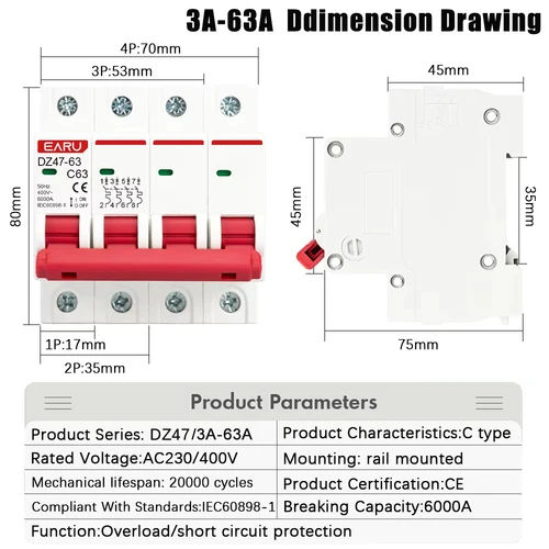Imagen 2 del producto 1P 2P 3P 4P DZ47 3A-125A AC 230V 400V tipo C Mini disyuntor MCB Protector de sobrecarga corta montaje en carril Din capacidad de ruptura
