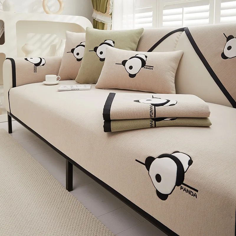 Panda Embroidery Sofa Cover for Living Room Sofa Towel Mat Non-slip Couch Cover Black Edge Sofa Towel Seat Pad Home Protection