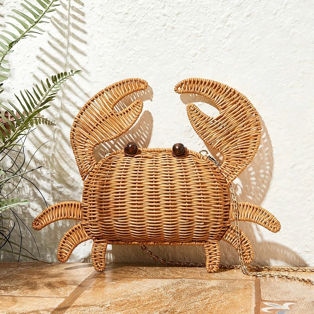 Cute Crab Shaped Rattan Bag Bohemian Wicker Woven Shoulder Bags for Women Funny Purses Beach Straw Bag NEW Handmade Handbags view 4