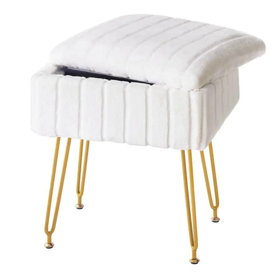 

Vanity Stool Chair with Storage, White Faux Fur Makeup Chair with 4 Metal Legs and AntiSlip Feet, Soft Padded Seat, Small Footre