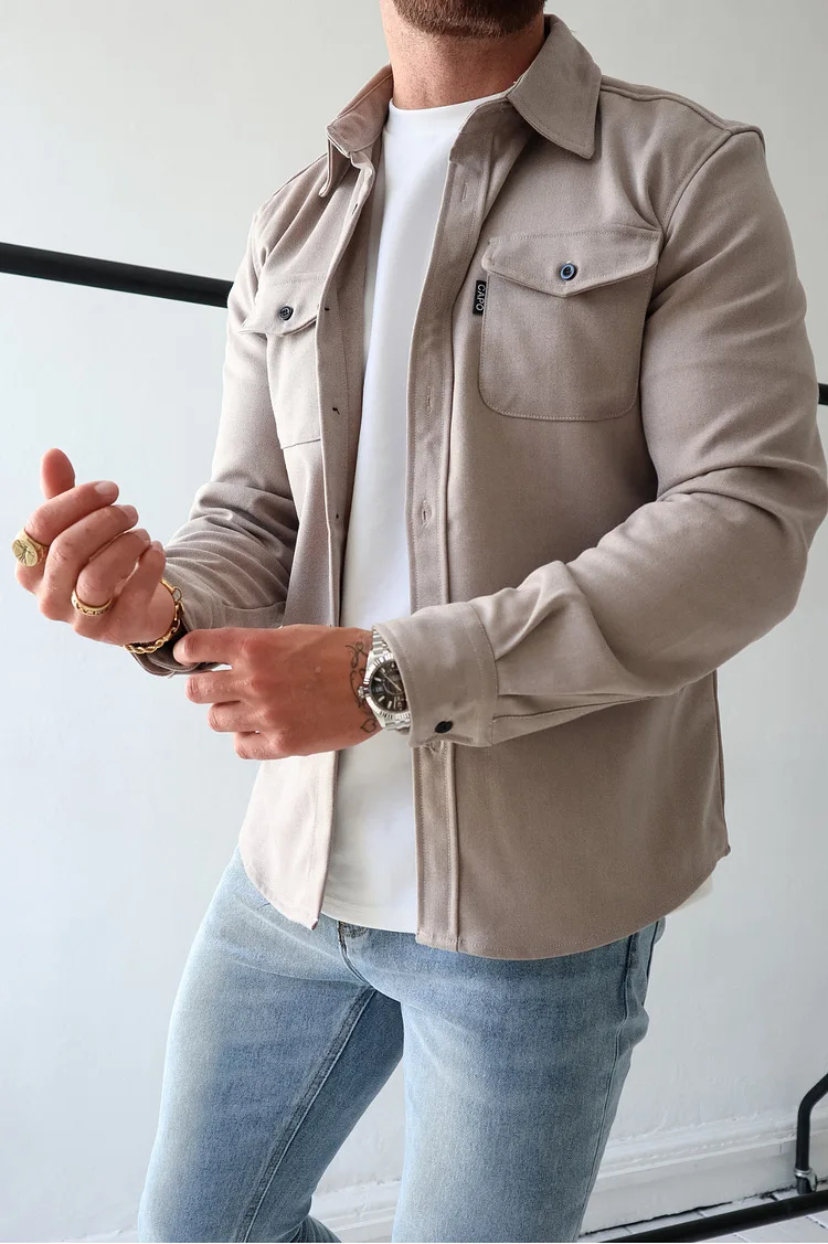 Men Shirt Casual Solid Color Long Sleeve Single Breasted Turn Down Collar Pocket Splice Outerwear 2024 Autumn Basic Shirts