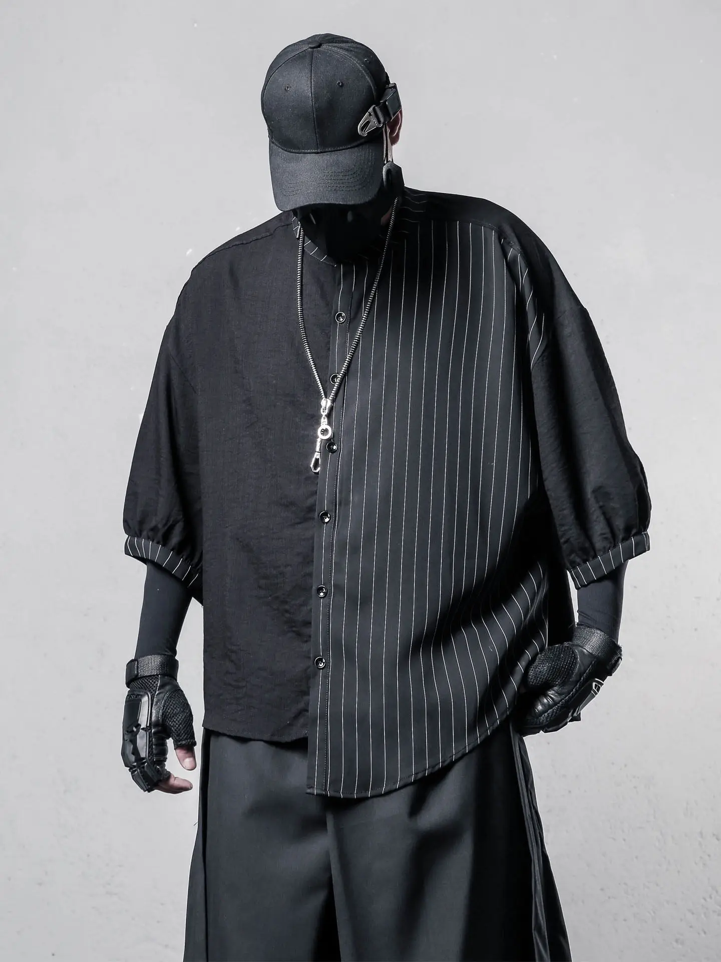 Deconstruction Design Asymmetrical Striped Patchwork Shirt Men's Dark Loose Seven Quarter Sleeved Short Sleeved Shirts