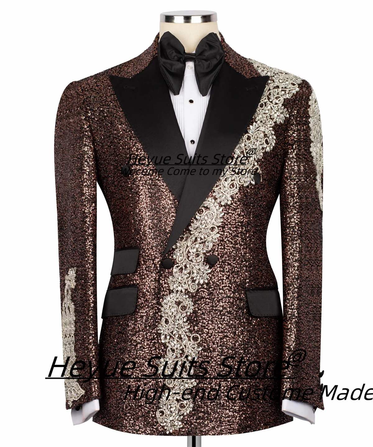 

Shiny Sequin Luxuly Crystal Groom Wedding Tuxedos Customized Slim Fit Peak Lapel Men Suits Formal 2 Pieces Sets Costume Homme