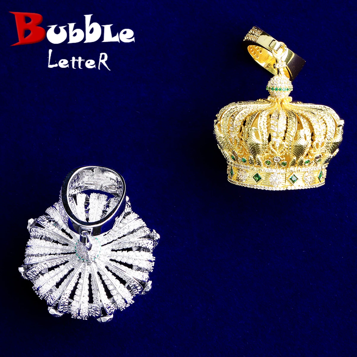 

Bubble Letter Iced Out Paris Vintage Crown Necklace Pendant for Queen Real Gold Plated Cubic Zirconia Hip Hop Jewelry