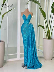 Sexy V Neck Prom Dress with Side Train Lace Appliques Fitted Bodice Long Evening Gown Celebrity Occasion Dress Elegantes Formale