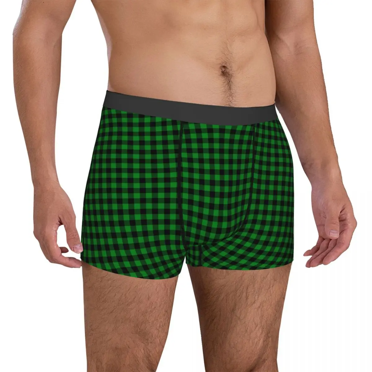 Gingham Check Underwear Black And Green Stretch Panties Print Boxer Brief Pouch Men Large Size Trunk