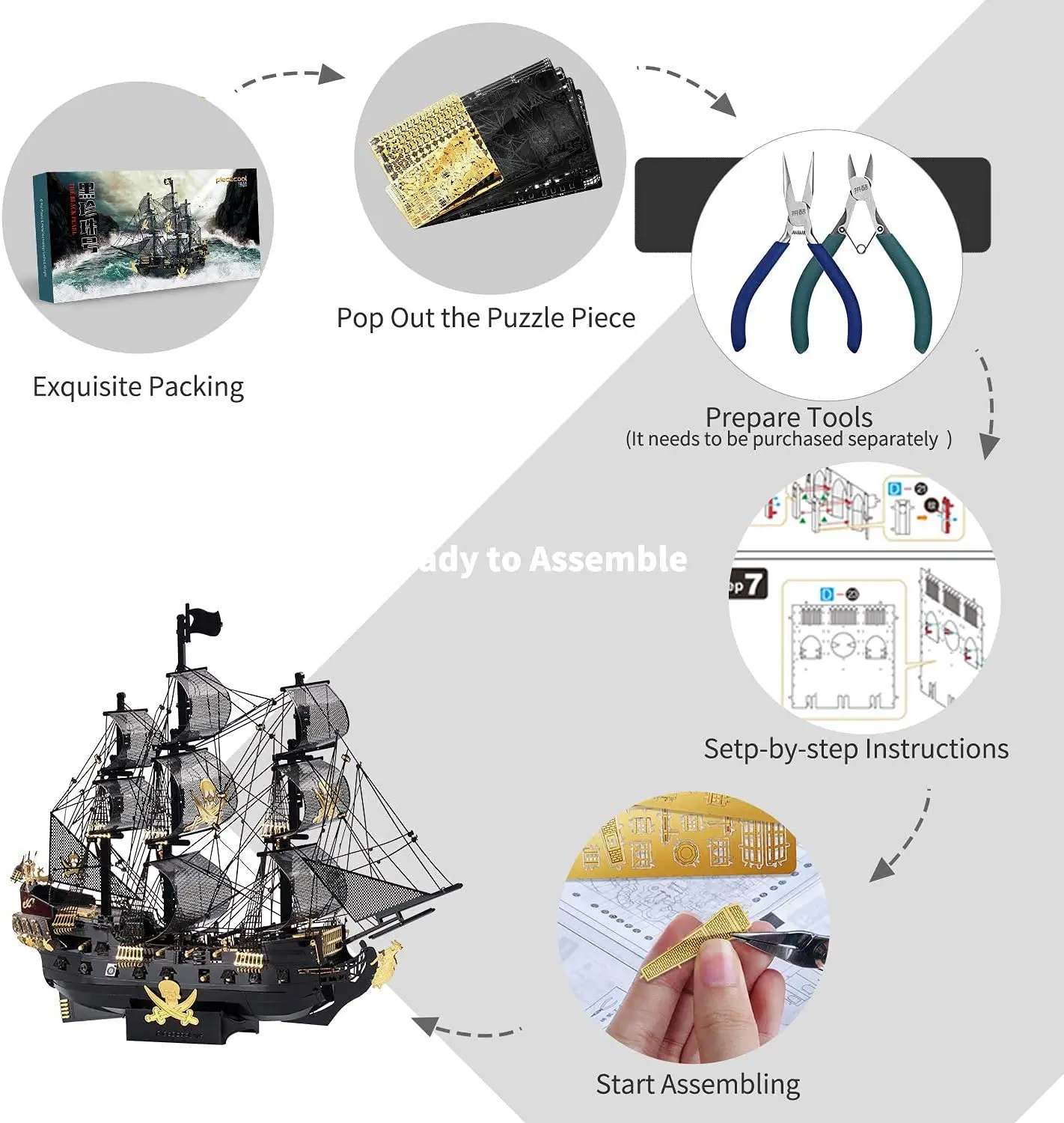 Piececool adulto conjunto de quebra-cabeça 3d, metal navio pirata modelo conjunto, 307 peças diy 3d metal navio modelo conjunto, presentes de aniversário de natal para