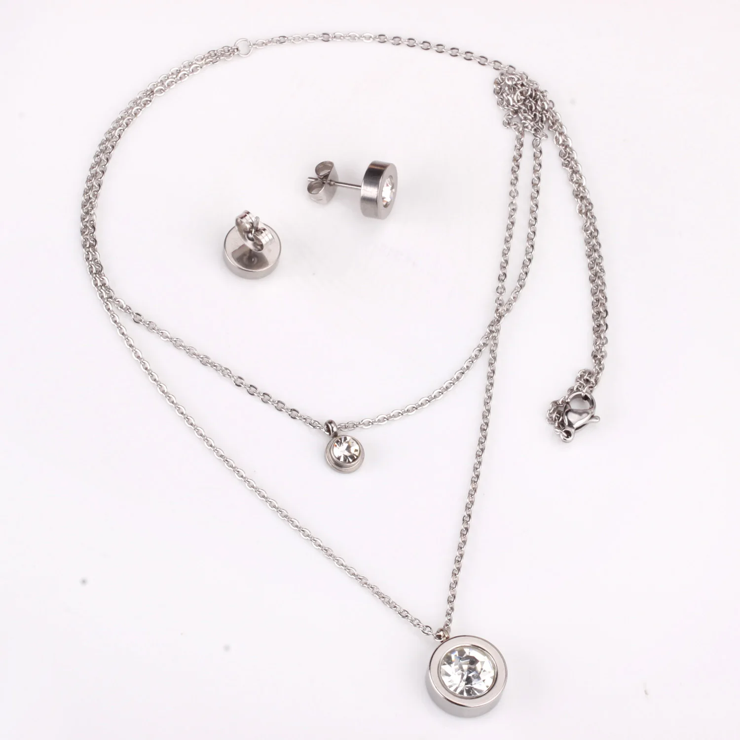 LUXUSTEEL Cubic Zirconia Jewelry Sets Stainless Steel Double Round Pendant Necklace Earring Sets Female Chain Jewelry Bijoux