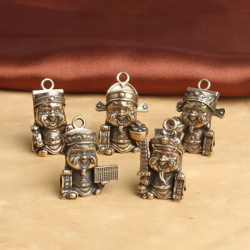 5 Pcs Mini Cute Retro God of Wealth Crafts Brass Fortune God Statue Ornament For Home Car Key Decoration Mascot Gift