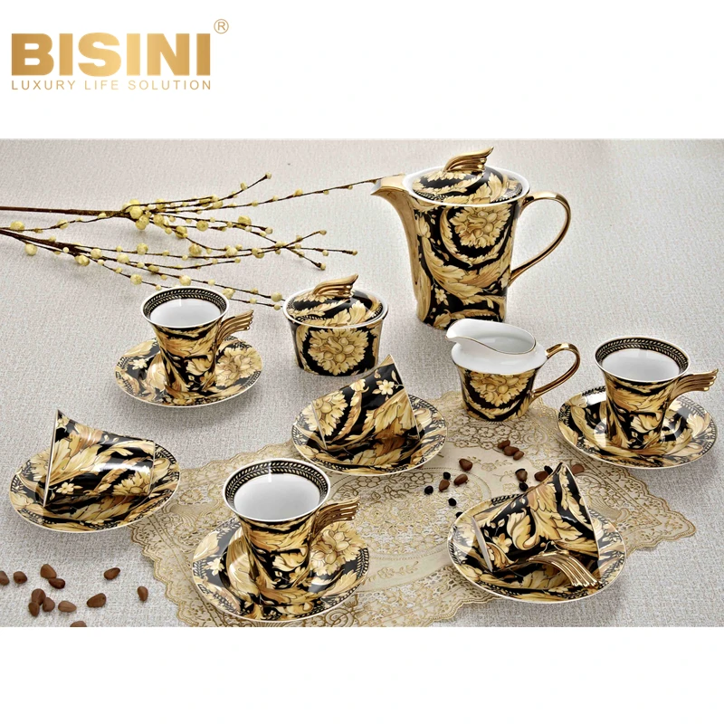 Opulent Baroque Style Palace Fine Bone china Porcelain 70pcs Dinnerware Sets Golden Ivy Porcelain Tableware set