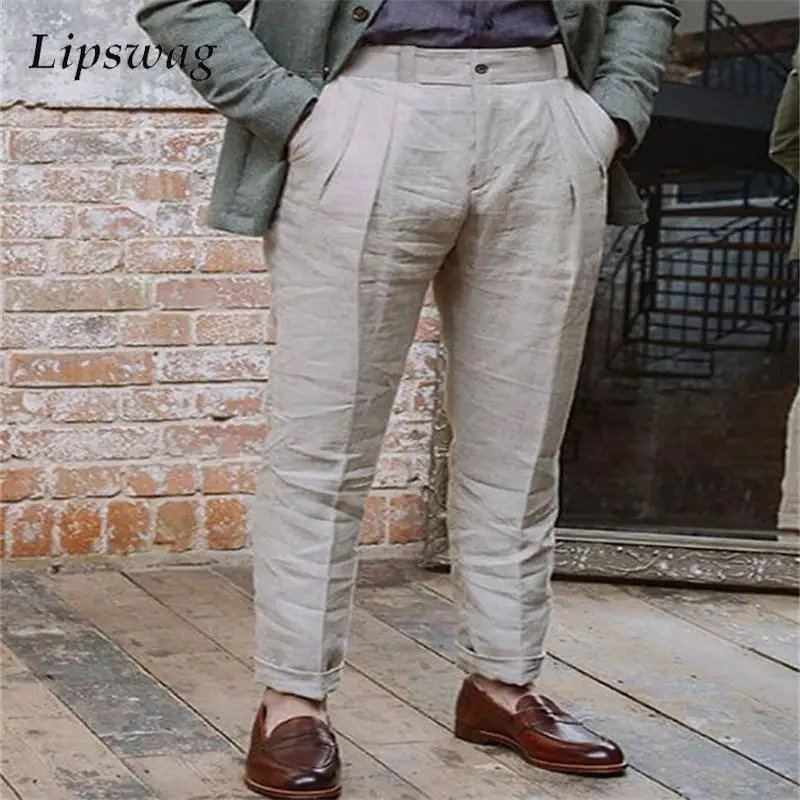 Pantalones cómodos y transpirables de lino y algodón suave para hombre, pantalón largo recto holgado informal para playa, pantalones de diseño plisado Vintage para otoño