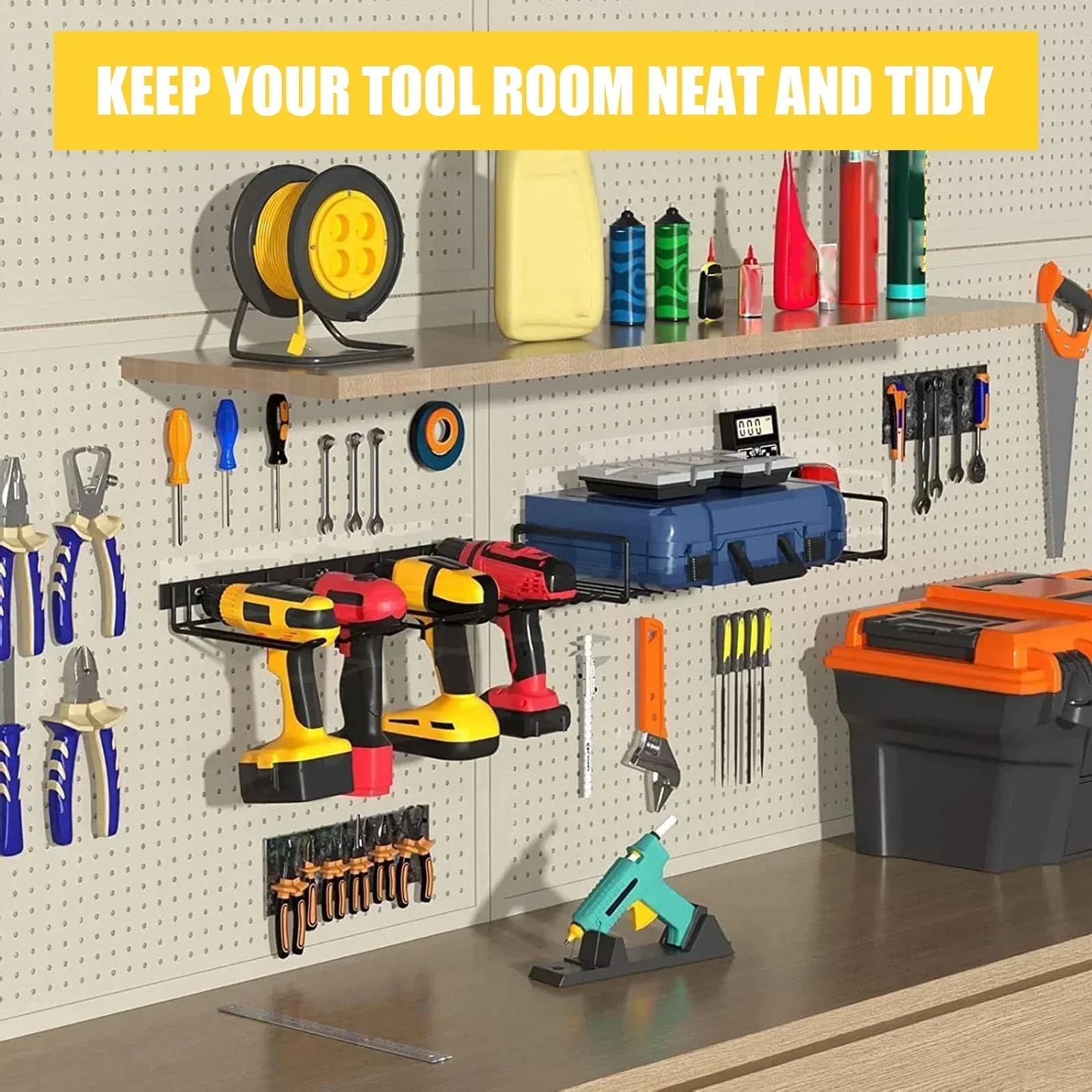 Power Tool Organizer, 2 Layers Storage Rack, 4 Drill Holders, Garage Storage Shelving Wall Mounted