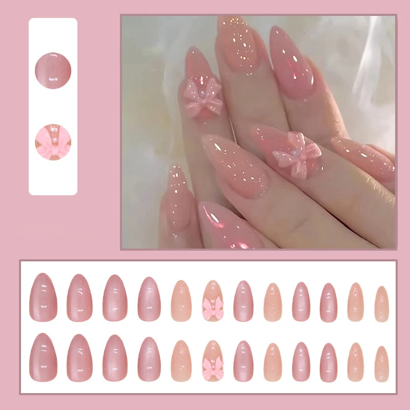 24 piezas de uñas postizas rosas brillantes en forma de almendra con moños 3D, estilo coreano, de cobertura total 2
