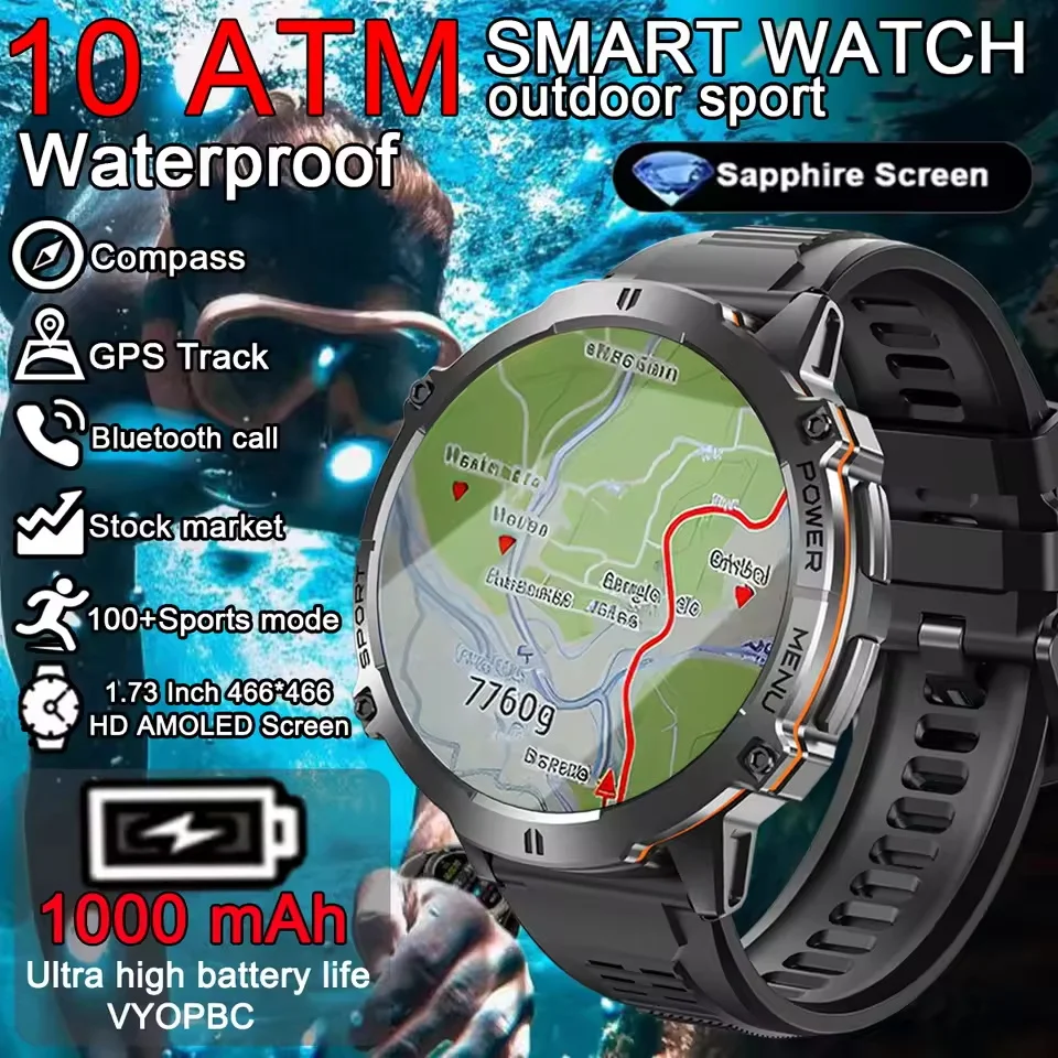 2025 Sport all'aria aperta NUOVO T-Rex3 GPS SmartWatch da uomo 1000mAh Batteria HD AMOLED Schermo Bussola 10ATM Orologio da chiamata Bluetooth impermeabile