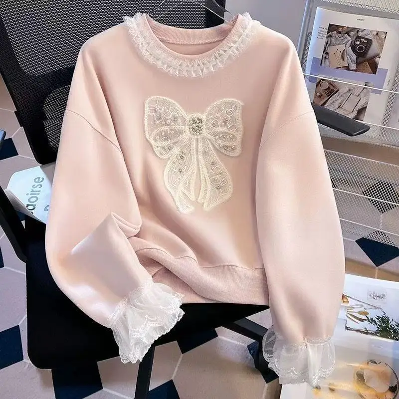 

Girls Spring 2026 New Sweater Lace Edge Bow Top Middle and Large Children Round Neck Long-sleeved Top Loose Tide 130-170cm