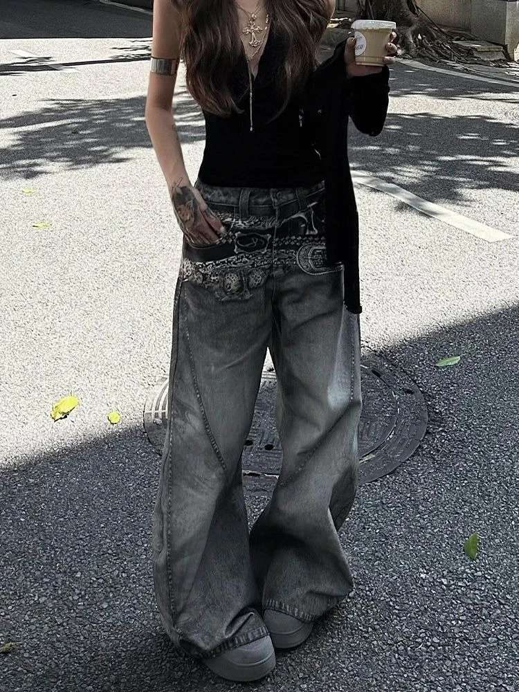 

HOUZHOU Vintage Gothic Jeans Women Y2k 90s Grunge Baggy Washed Pants American Retro High Street Casual Denim Trouser Streetwear