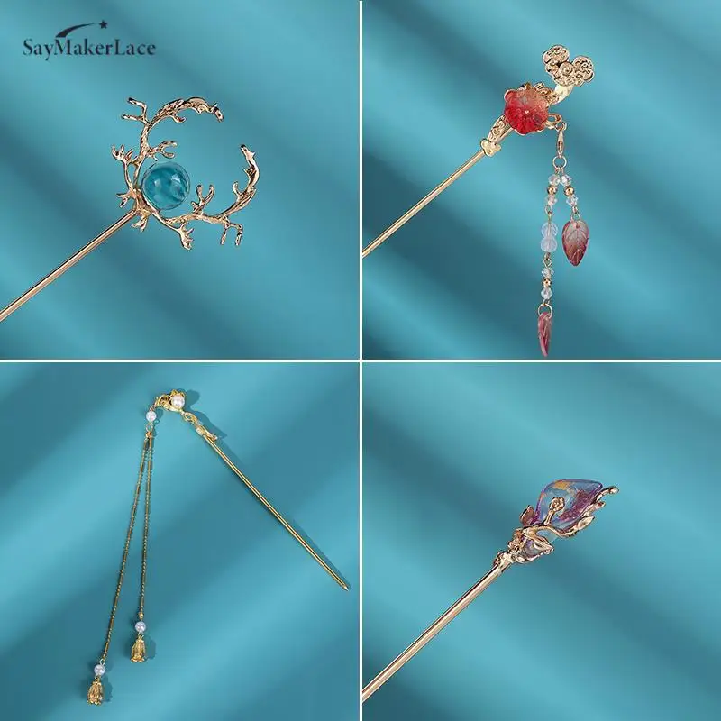 Beautiful Vintage Chinese Style Hanfu Hair Stick Women Metal Glaze Hair Fork Hairpin Woman Jewelry Hair Clip Accessories