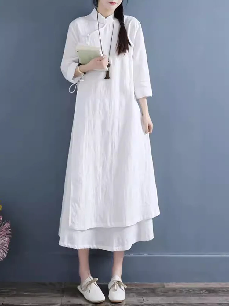 NYFS 2024 Spring Autumn New Womens Dresses Vestidos Robe Elbise Loose Plus Size Cotton Linen Double Layer Long Dress