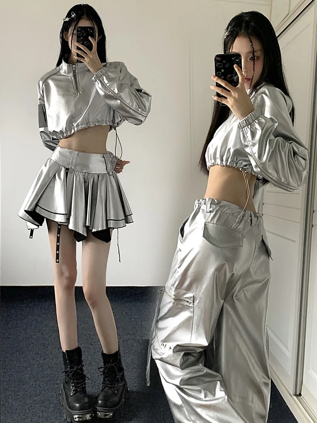 

Silver Short Sweatshirt Set for Women's Group Jazz Dance Performance Cool Tech Style Streetwear Stage Outfit Female Fans