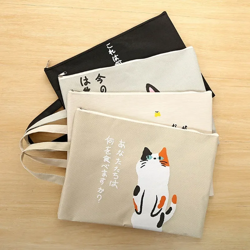 A4 Canvas Document Bag Lovely Cat Zipper File Bag Large Capacity Durable File Pouch Reticule for School Business