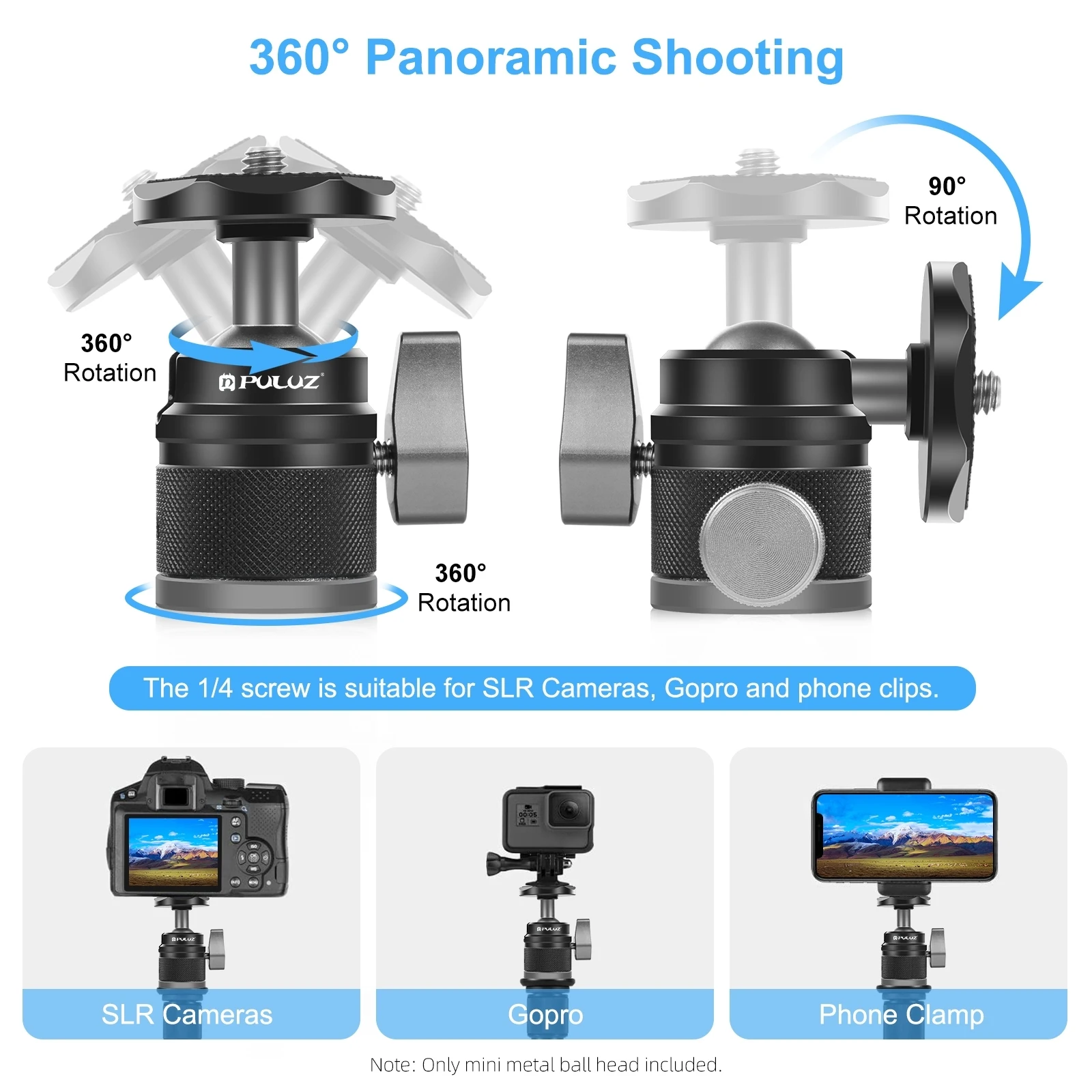 PULUZ 360 Panorama Aluminum Alloy Tripod Ball Head Adapter with Knob Lock