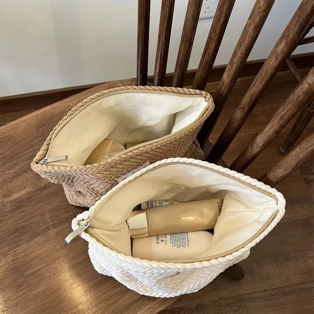 Fashion Zipper Makeup Bag Large Capacity Woven Fabric Clutches Bag Solid Color Beige Coffee Storage Bag Outdoor