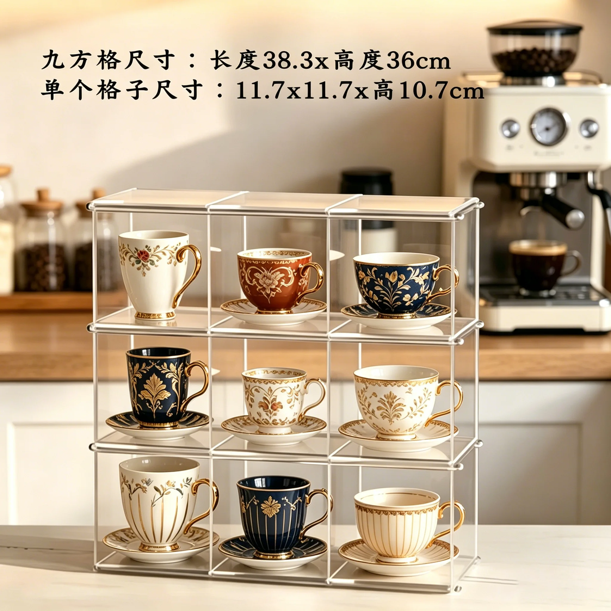 Acrylic Cup Organizer Storage Rack 4-12 Grids Display Shelf for Mugs Coffee & Tea Cups Kitchen Cabinet Countertop Organizer