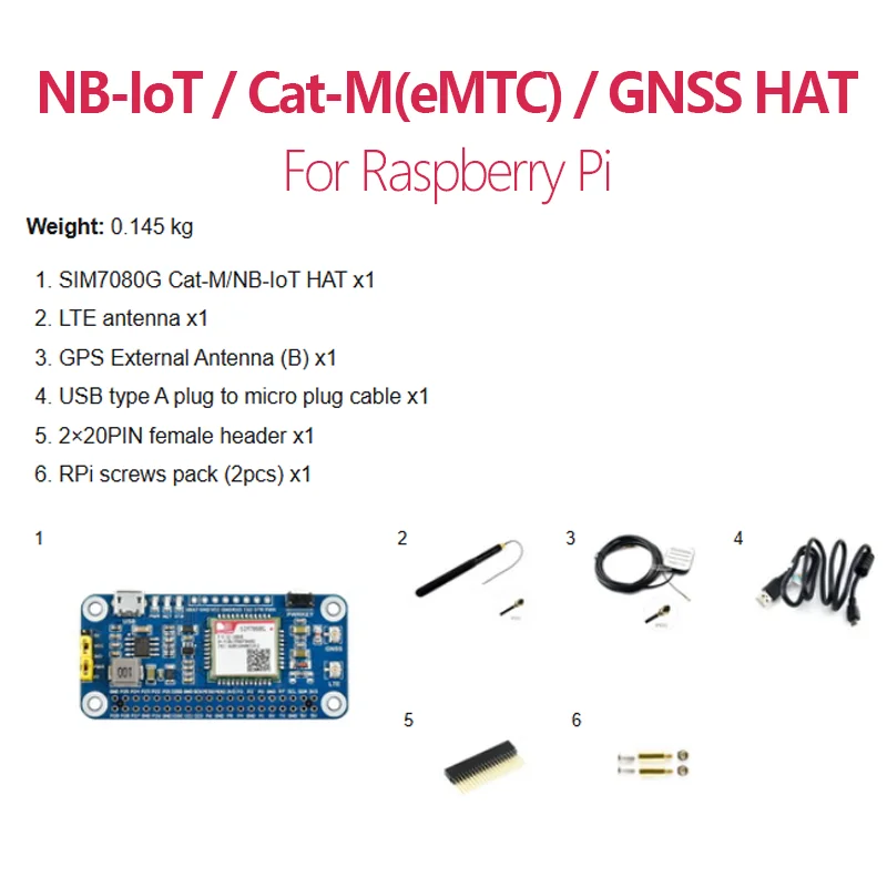NB-IoT / Cat-M(eMTC) / GNSS HAT for Raspberry Pi, Based on SIM7080G, Globally Applicable