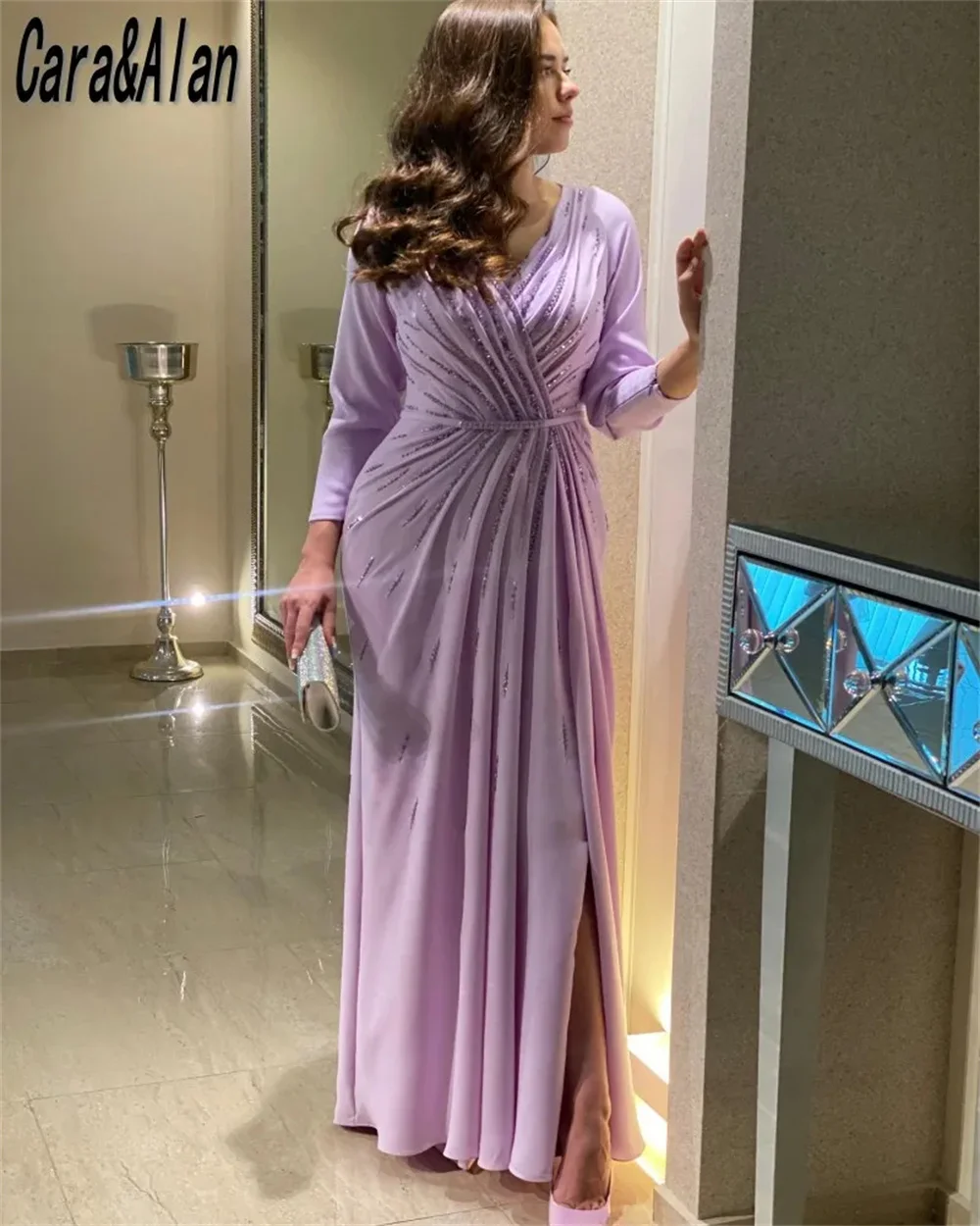 Bella Lavender V-neck Chiffon Prom Dresses Elegant Long Sleeves Wedding Dress Floor-Length Beaded A-line Vestidos De Fiesta 2024