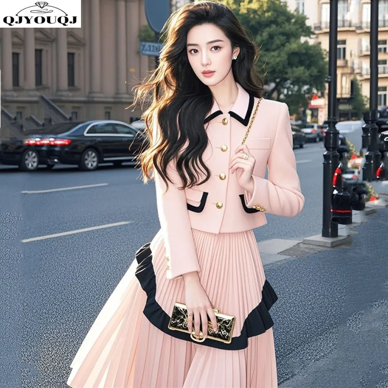 

Autumn and winter new fashion high-end small fragrance pink jacket+half skirt two-piece set