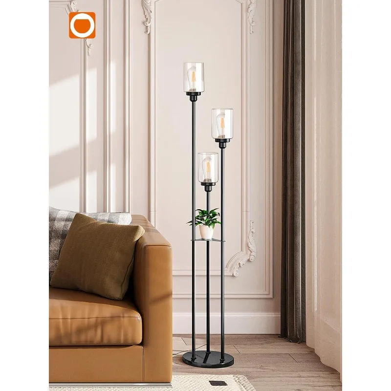 Floor Lamps for Living Room with Clear Glass Shades, 3-Lights Standing lamp with Shelves, Farmhouse