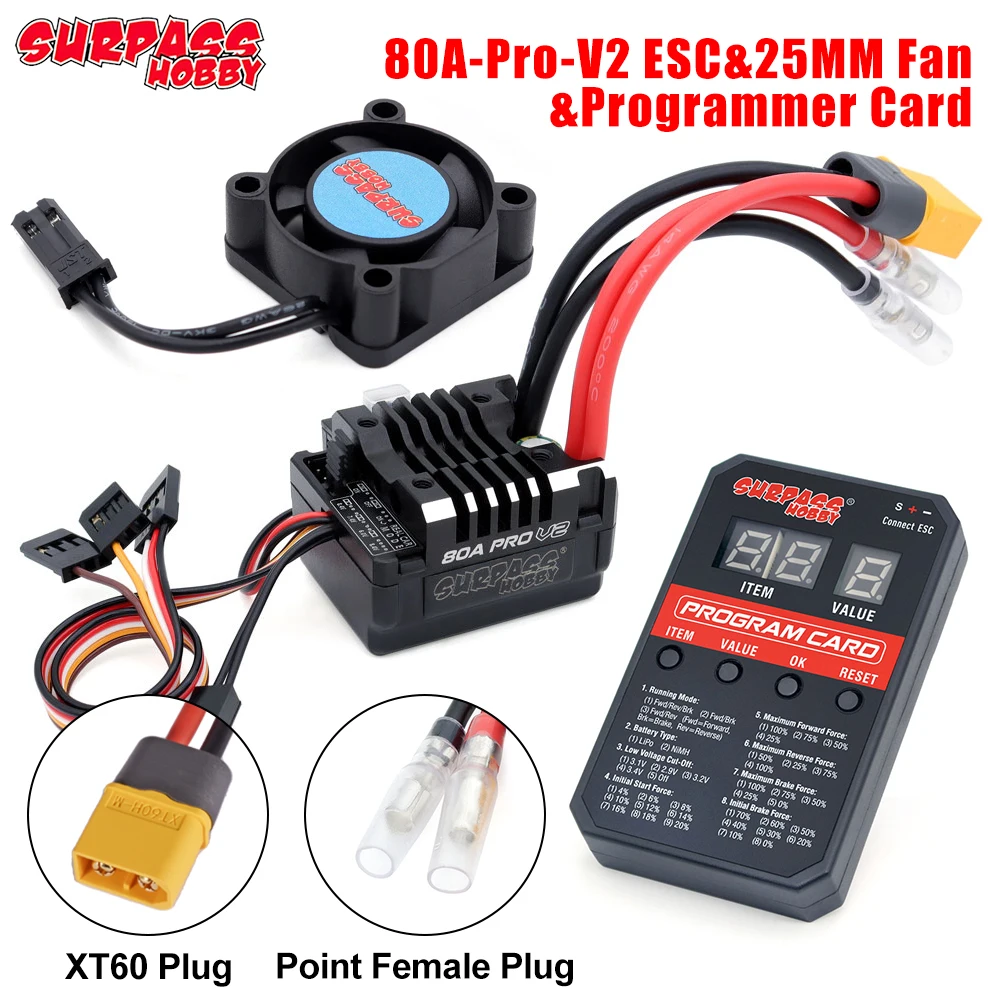 

SURPASS HOBBY New 80A Pro V2 Brushed ESC Buit-in BEC 6.0V/7.4V/8.4V Waterproof Fan Programming Card For 1/10 Crawler Brushed Car