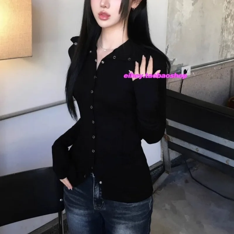 

High Collar Button Slim Black Long-sleeved T-shirt Women 2026 Spring New Streetwear Fashionable All-match Knitted Tops