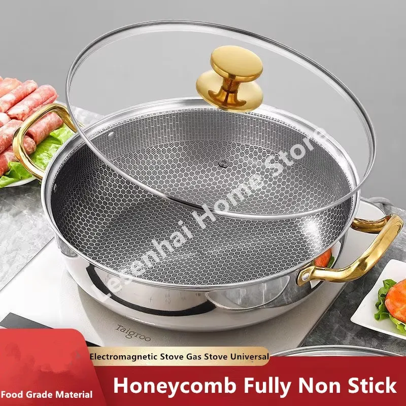 30cm Stainless Steel Soup Pot Wok Non-stick Honeycomb with lid Household Hot Pot Frying Pan Induction Cooker Gas Stove Universal