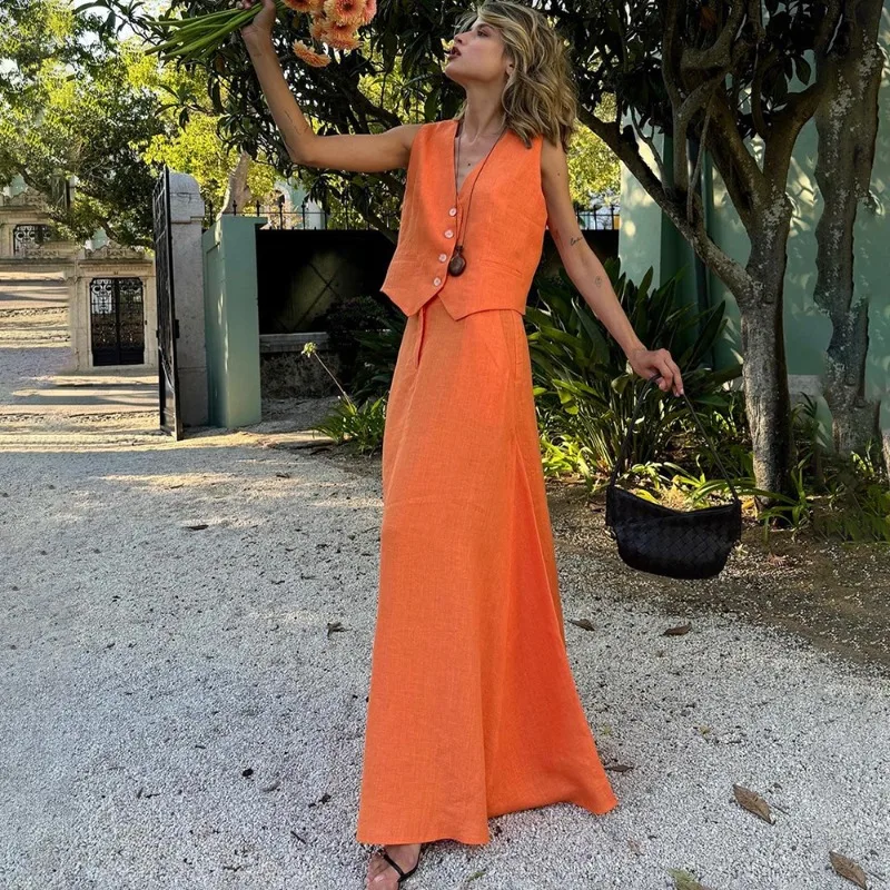 Tuularose Beiläufige Lange Kleid Sets Sommer V-ausschnitt Weste Top Hohe Taille Langen Rock Set Lose Pendler Urlaub Neue Frauen Kleid Sets
