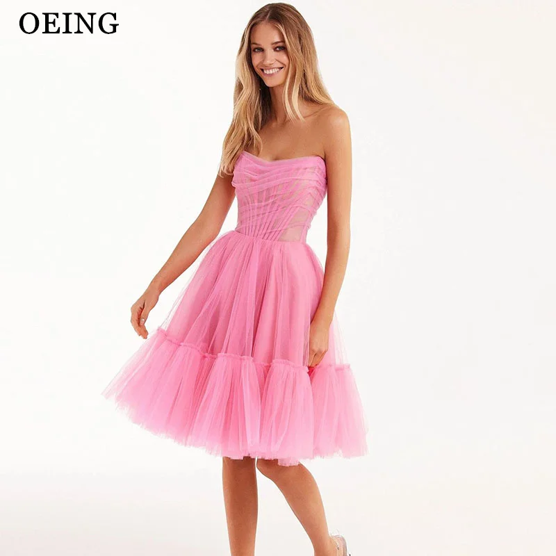 OEING Simple Pink A-Line Prom Dresses Elegant Off The Shoulder Strapless Party Gowns Knee-Length Soft Tulle Vestidos de noche