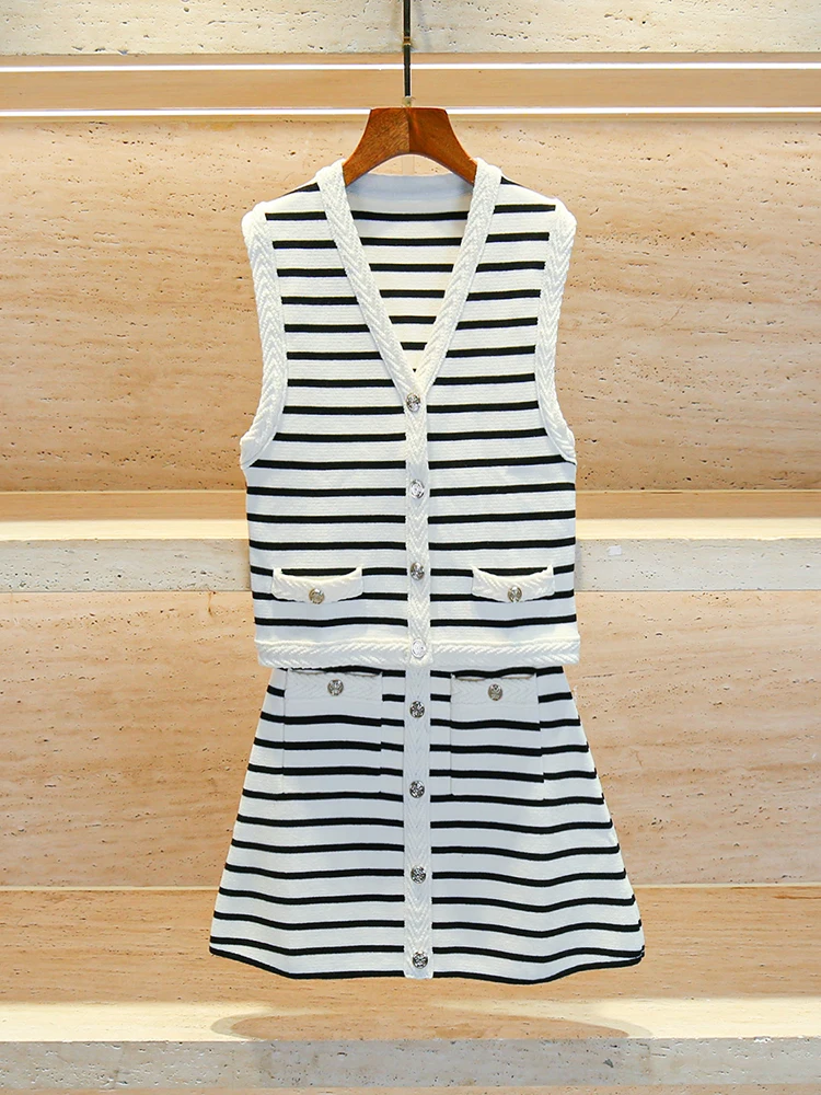 

Migii High-End Women's Striped Vest And Skirt Set Fashionable Button-Up Woolen Two-Piece Suit for Ages 25-35