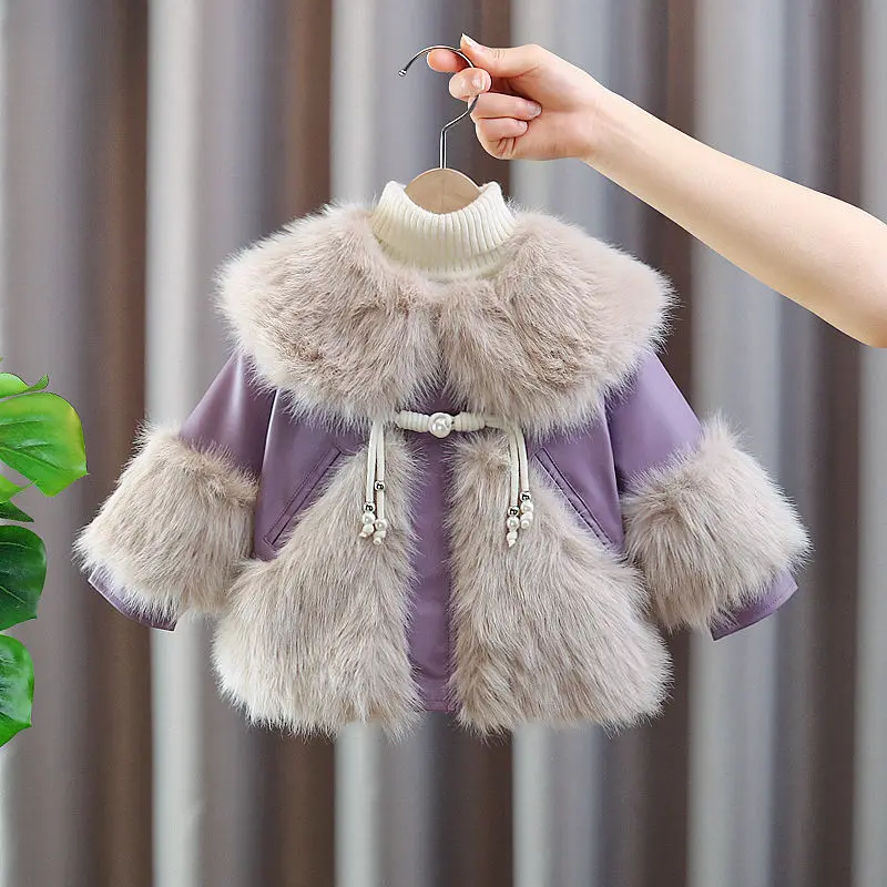 Winter Warm Long Jackets Purple Cotton Coats Cute Girls Baby Plus Velvet Thick Kids Artificial fur Lapel Outerwear Children Coat